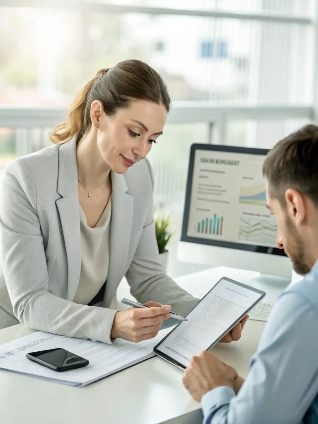 A professional consultant discussing a debt recovery plan with a client in a modern office setting, emphasizing ethical and responsible practices.