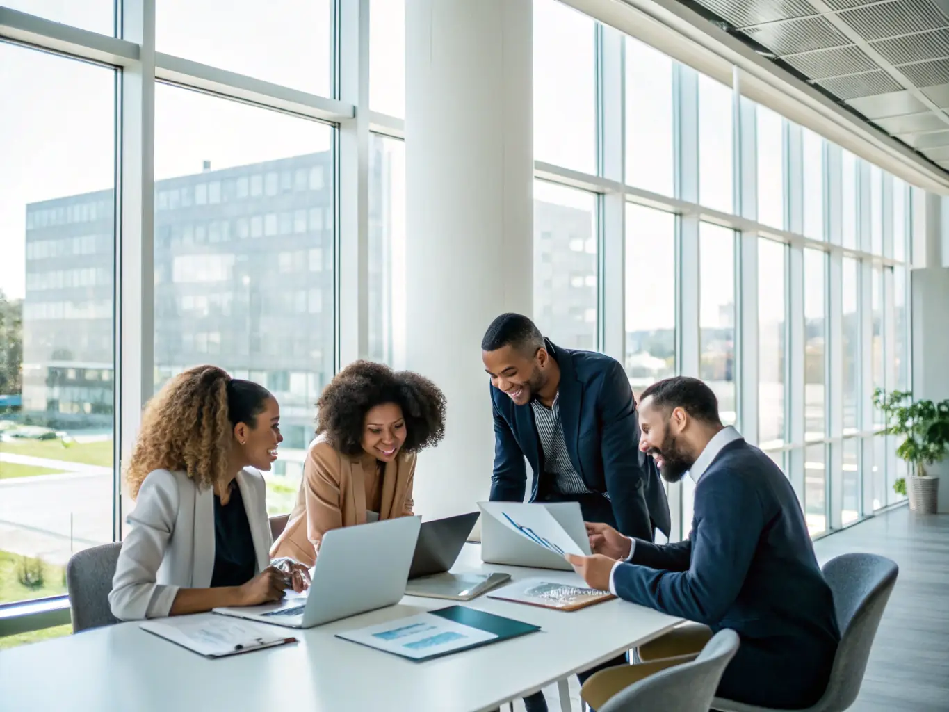 An image depicting a diverse team of financial experts collaborating on a debt recovery strategy in a bright, modern office.